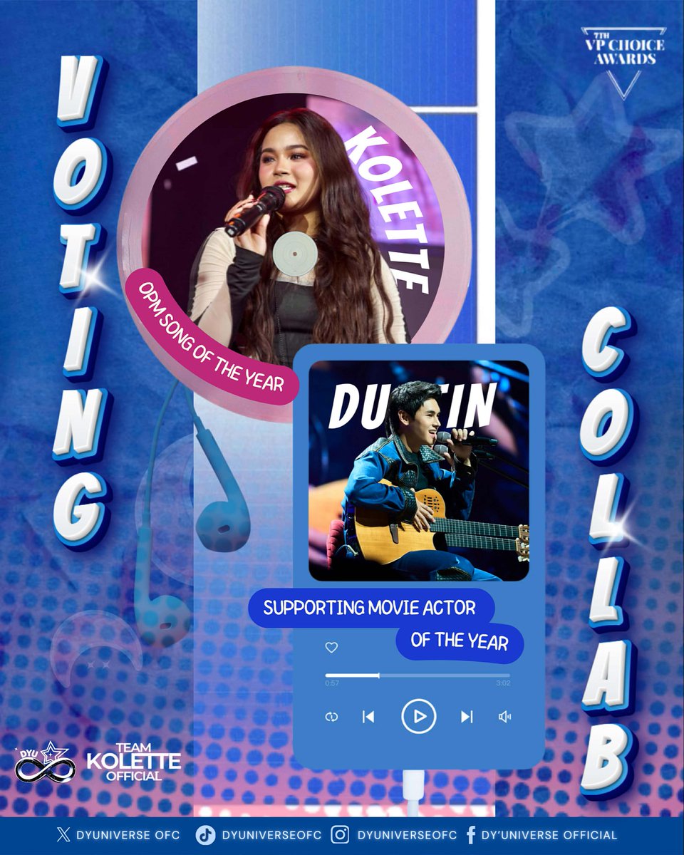 Round 3 and we’re still shining together! ✨🌙

Stardusts x Moonlettes unite for VPCA once again!

💙 Vote Kolette Madelo – OPM Song of the Year
🩷 Vote Dustin Yu – Supporting Movie Actor of the Year

Drop your proofs below and let’s secure the win! 💪✨

#DustinYu
#KoletteMadelo