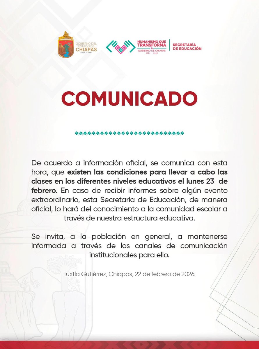 EN CHIAPAS no hay suspensión de labores escolares. Mañana lunes a clases de manera normal.