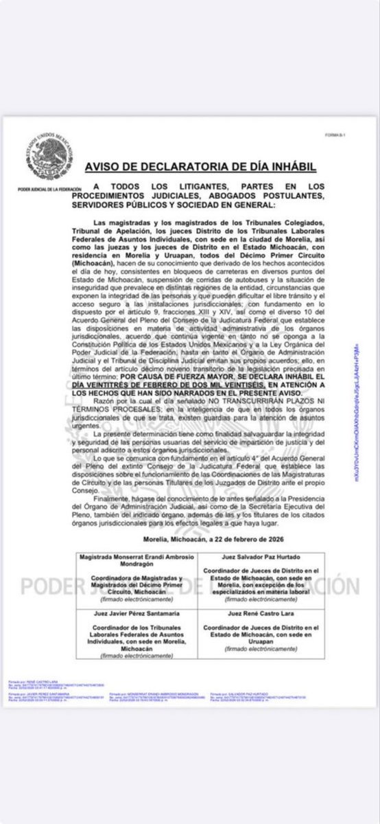 El poder judicial declara día  inhábil el día de mañana

¡Cómo se ve que les faltan huevos!

Pero no se preocupen, según ellos, esto no es un narcoestado y lo tienen todo controlado