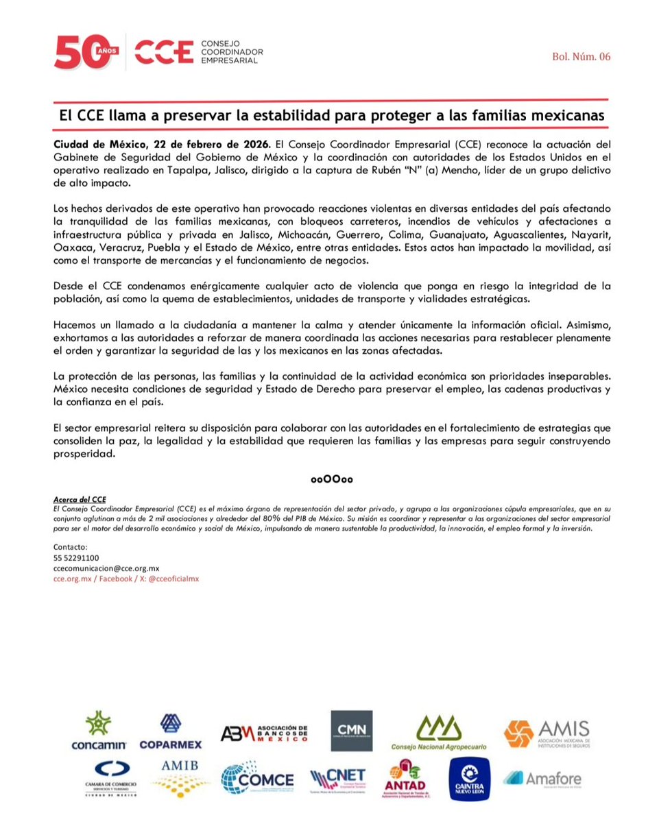 #Comunicado | El CCE llama a preservar la estabilidad para proteger a las familias mexicanas.