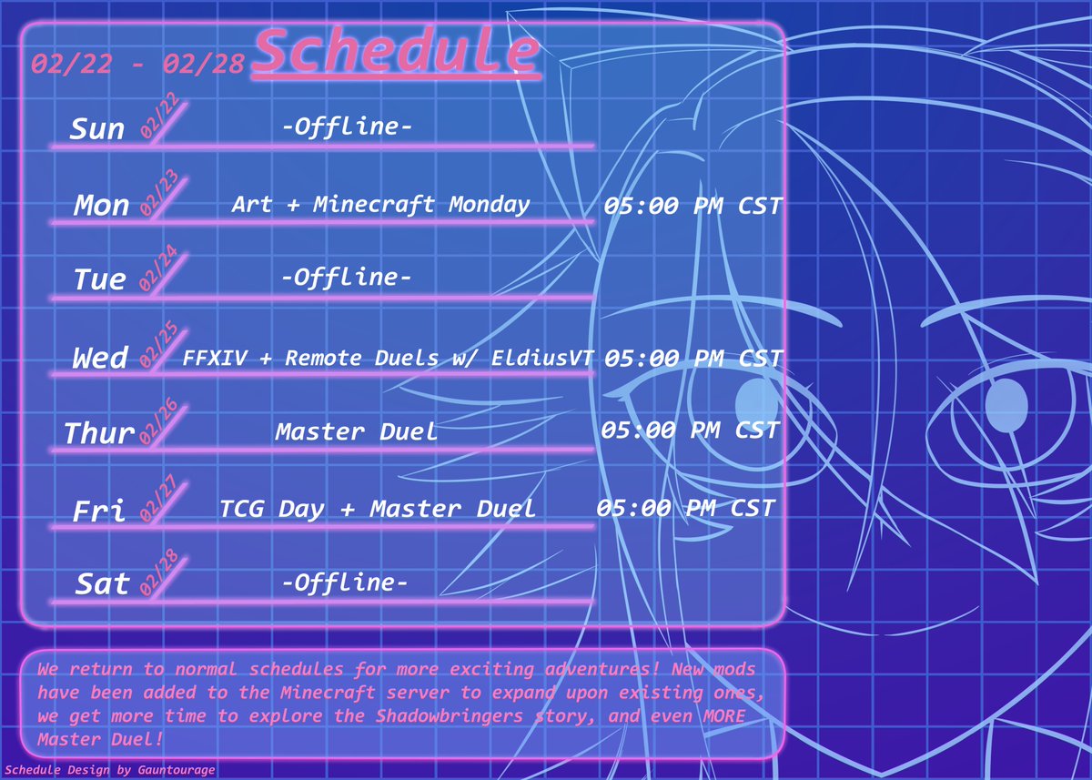 The Schedule for the week is here! Exciting thing's on the horizon!