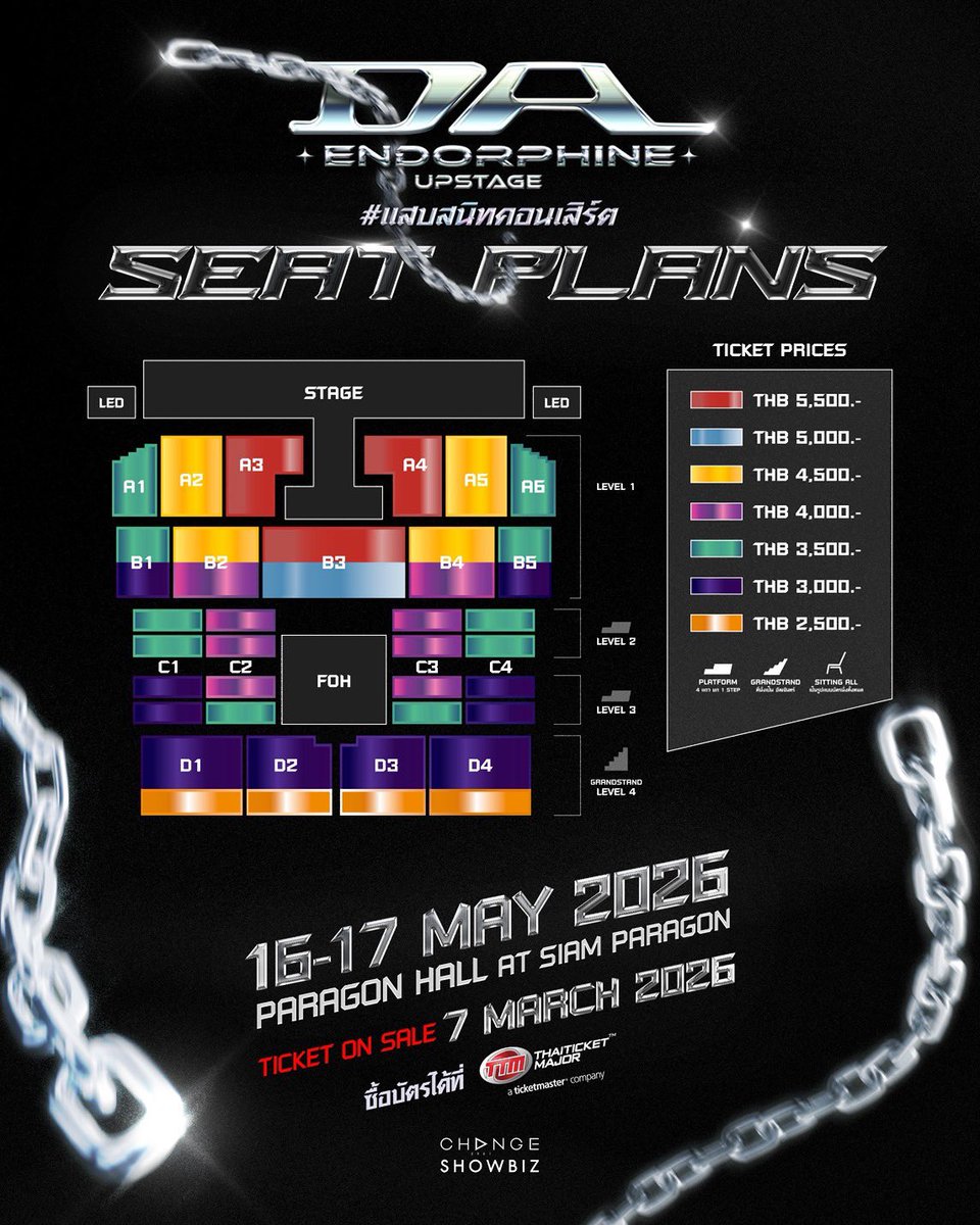 “DA ENDORPHINE UPSTAGE 
#แสบสนิทคอนเสิร์ต ” 
กับ 4 แขกรับเชิญเพื่อนสนิท ที่แสบบบบบบ ไม่แพ้กัน 
🚨TICKET ON SALE : 7 MARCH 2026 [10 A.M]🚨
ซื้อบัตรคอนเสิร์ตได้ที่ THAITICKETMAJOR.com
.
ติดตามรายละเอียดเพิ่มเติมได้ที่
Facebook 👍🏻CHANGEshowbiz
. 
📍SHOWDAY 
🟣 SAT, 16 MAY 2026