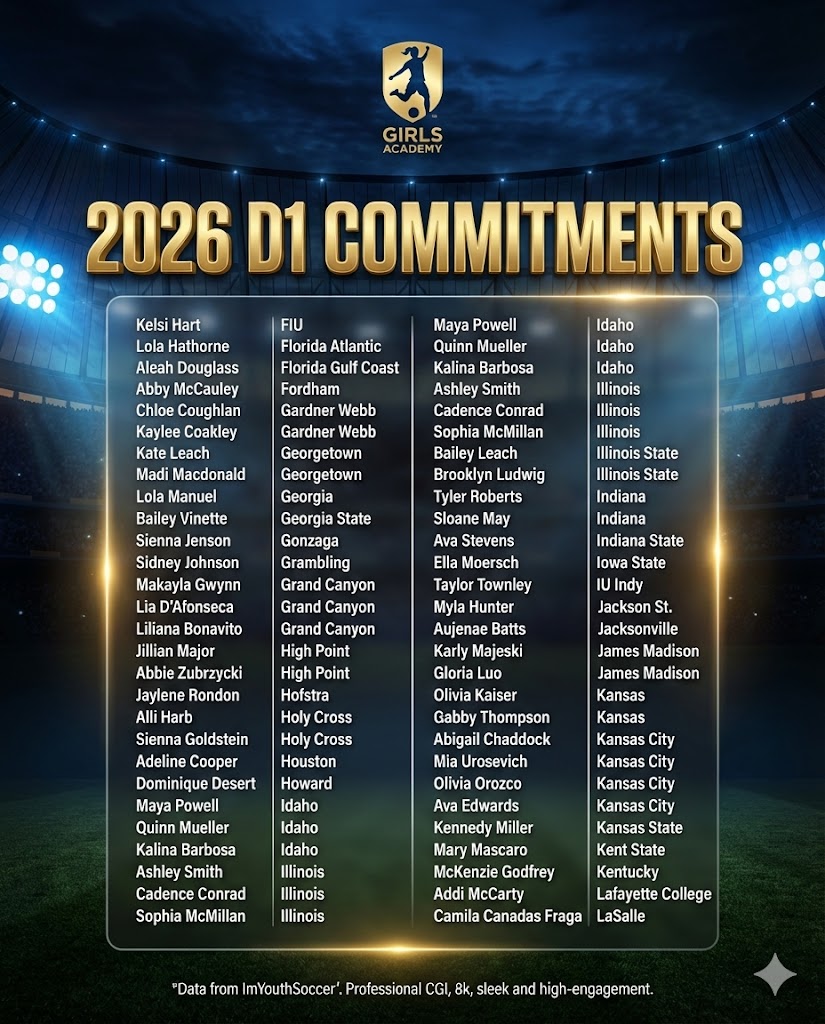 ImYouthSoccer's tweet photo. Girls Academy Class of 2026 – D1 Edition - 420 Players 🎓⚽️

We are officially celebrating the  Class of 2026 Girls Academy standouts who have locked in their Division 1 commitments! It takes a special kind of grit to represent the GA and an even deeper level of discipline to earn that D1 roster spot.

WE WANT TO KNOW: 
1️⃣ Tag a player on this list  to show them some love! 👇 
2️⃣ Who did we miss? DM us any names as we would be happy to add.

🚨 It is important to note that we assigned the club and league the player was in the day they announced their verbal commitment. So if a player was playing for a ECNL club that day, they are under that league and club stats as well if the club later left for the GA (i.e. NVA, Kings Hammer, Tulsa, Charlotte Independence, Midwest United) they are under the ECNL as when the 2026 recruiting class open on June 15, 2024 they were in that league. For the Class of 2027 they are being included in the GA stats.

The full 10-slide roster, showing the power of the Girls Academy is below 👇
#girlsacademy #d1 #soccerlife #collegesoccer
