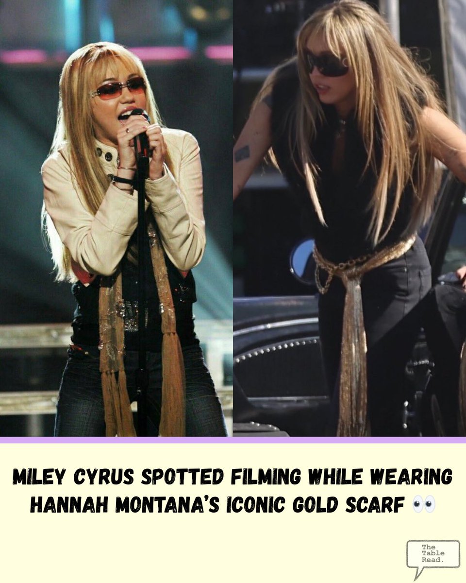thetablereadpod's tweet photo. Ahead of the #hannahmontana 20th anniversary special, Miley Cyrus was spotted filming in the signature gold scarf 👀 https://t.co/8YsaR4rF7z