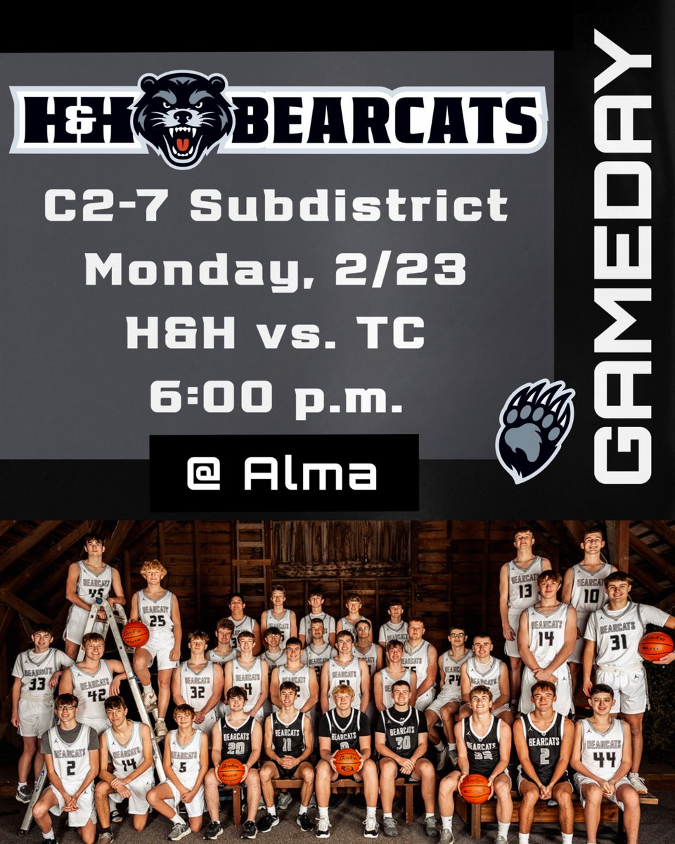 Monday is the start of the C2-7 Boys Basketball Subdistrict! H&amp;H faces Thayer Central at 6:00 p.m. in Alma. Let's go, Bearcats! 🏀 #GoBearcats

Livestream: striv.tv/channel/alma/