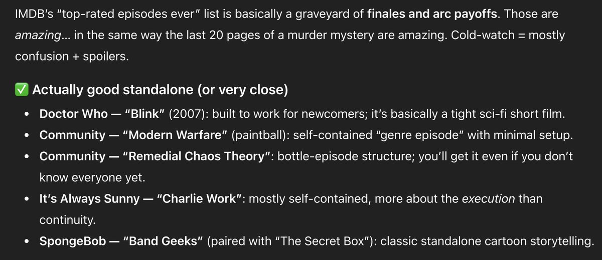 ShaAugustus's tweet photo. if you want to watch peak television without commitment, these are the episodes from the imdb top 200 that can be watched standalone without the rest of the series. i dont know how spongebob made this list https://t.co/5sxphCOL60