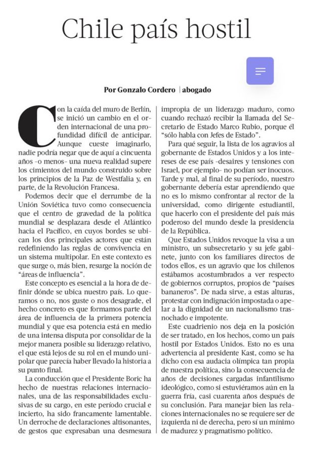 Claramente <a href="/gcorderomendoza/">Gonzalo Cordero</a> da absolutamente en el clavo. El movimiento de EEUU es en gran medida una reacción final a un Presidente infantil que ha hecho, como lo hemos dicho muchas veces, de la política internacional un berrinche personal de niño amurrado.