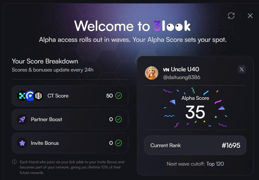 Chào năm mới anh chị em <a href="/3look_io/">3look</a> !
Hết Tết rồi ta lại cày X cùng nhau nhé, chúc anh chị em một năm đại thắng với mọi kèo yap, mọi kèo airdrop nhớ.
<a href="/3look_io/">3look</a> đang trở nên hot bao giờ hết, hơi tiếc là đã đăng nhập trước đó cũng khá lâu rồi nhưng nay mình mới