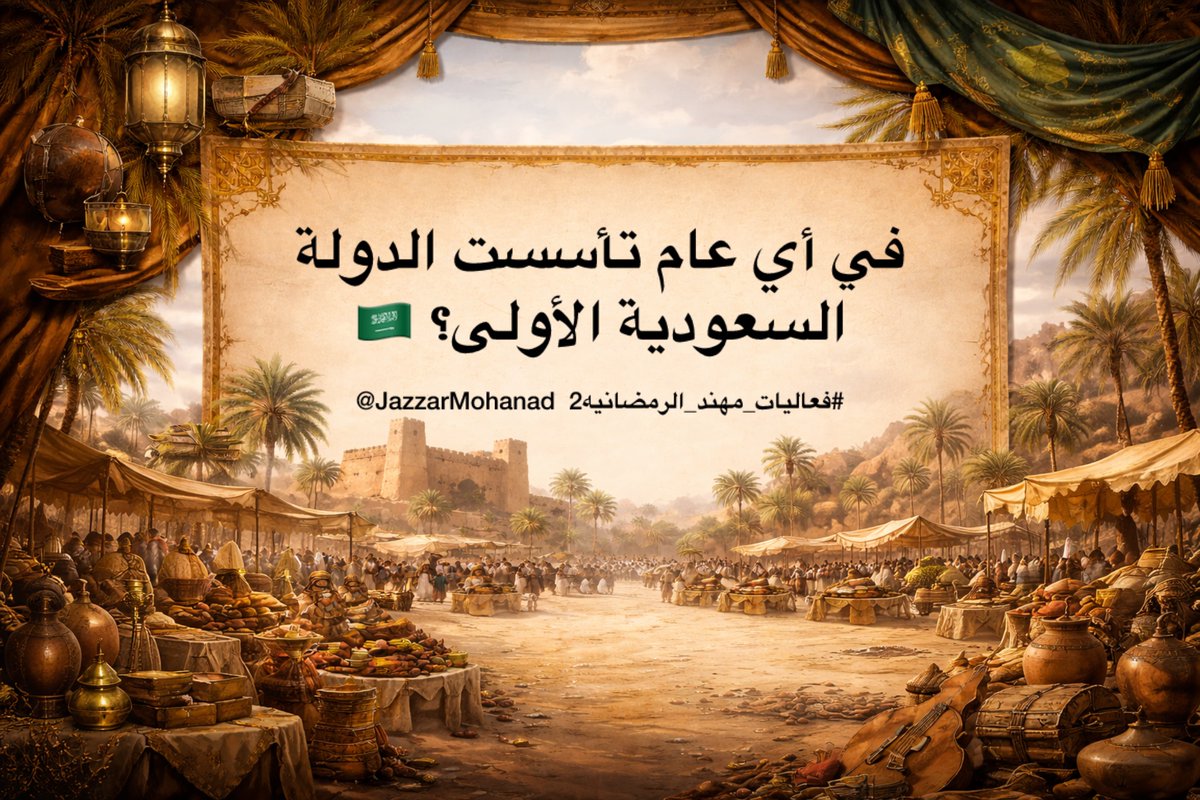 السؤال السادس 
في أي عام تأسست الدولة السعودية الأولى؟ 🇸🇦

🌙6 ⁧#رمضان⁩ 

الشروط:
⬅️متابعة حسابي ⁦<a href="/JazzarMohanad/">Mohanad Jazzar</a>⁩ 
و حساب المنسق ⁦<a href="/Shg9090/">صالح ابو جلوي</a>⁩ 
⬅️ إعادة نشر و لايك للتغريدة
⬅️ الإجابة داخل التاق
⁧#فعاليات_مهند_الرمضانيه2

#يوم_التأسيس⁩
⁧#يوم_التأسيس_السعودي⁩
⁧#يوم_بدينا⁩