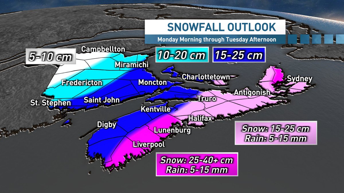 ryansnoddon's tweet photo. Updated Snowfall Map &amp; Warnings
Headlines with this storm will be the heavy snowfall rates Monday afternoon/evening coupled with the winds gusting 60 to 90 km/h leading to blowing and drifting snow. The snow will be heavy and wet leading to an increased risk of power outages. https://t.co/URyr9gnwOS