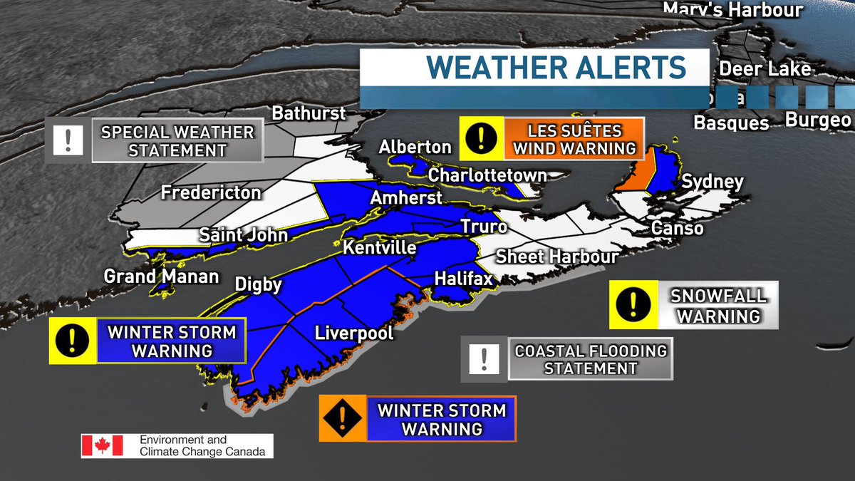 ryansnoddon's tweet photo. Updated Snowfall Map &amp; Warnings
Headlines with this storm will be the heavy snowfall rates Monday afternoon/evening coupled with the winds gusting 60 to 90 km/h leading to blowing and drifting snow. The snow will be heavy and wet leading to an increased risk of power outages. https://t.co/URyr9gnwOS