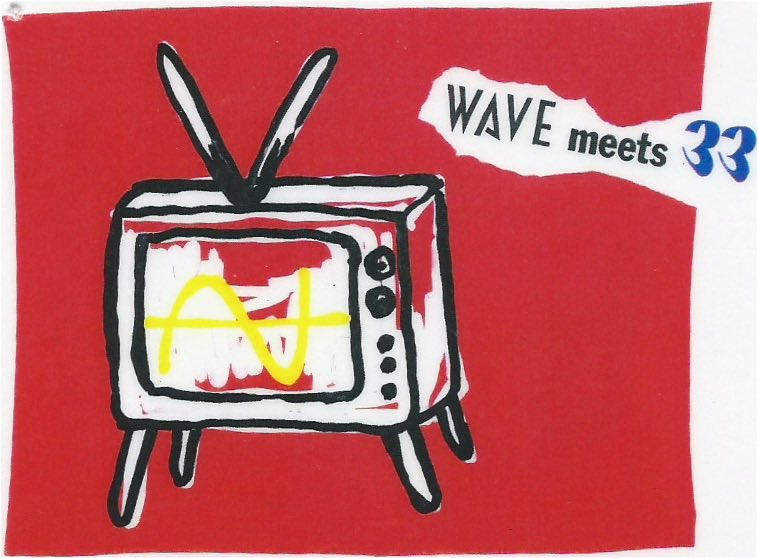 WAVEは一世を風靡したレコードショップで、90年代に渋谷で大きく店舗を展開していました。
90年代中盤に一時期33がその一角を使って期間限定でショップを出してました。これはその時の服につけてたタグのグラフィックです。
トークブースもあり、DJや収録など、音楽と服の融合がそこにはありました。