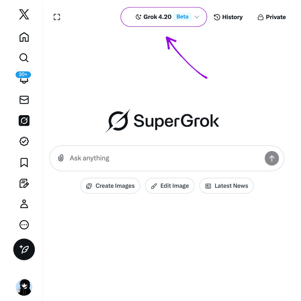 SuperGrok Grok 4.20 selector
