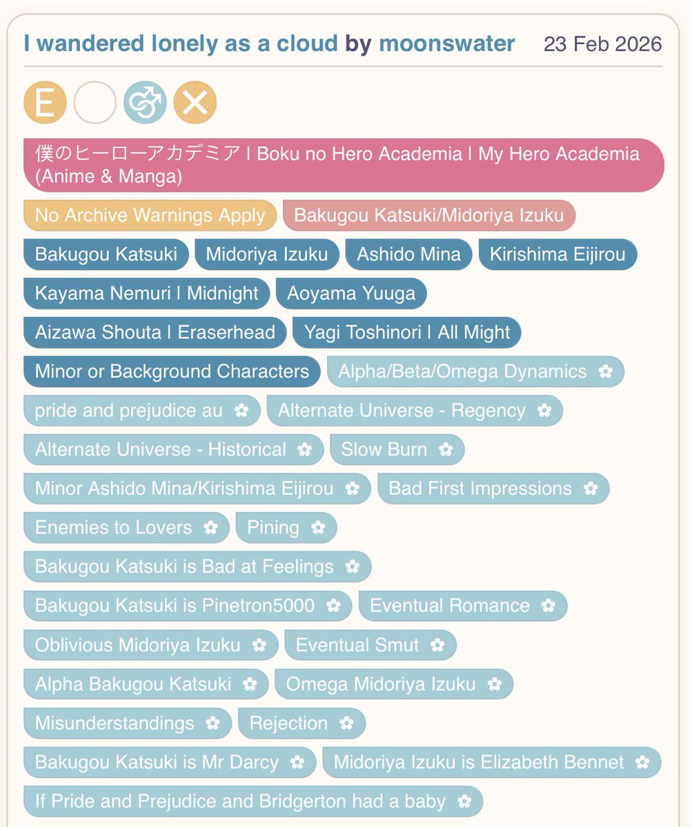 NEW CHAPTER: I wandered lonely as a cloud 

📌 Rated E
📌 Ongoing
📌 Historical, Regency, Pride and Prejudice AU, Omegaverse

#BKDK, #Bakudeku, #ktdk, #katsudeku

🔗 archiveofourown.org/works/62135785…