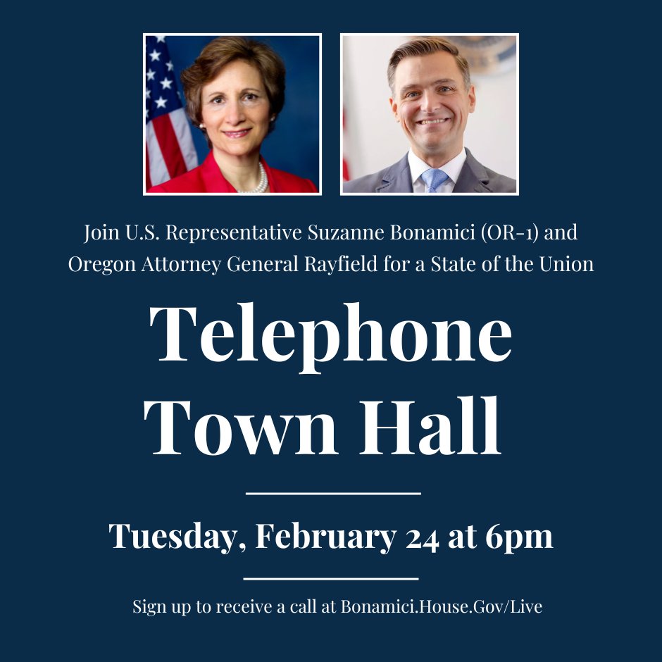 Instead of listening to more lies from the president during the State of the Union, join Rep. Suzanne Bonamici and me for a Telephone Town Hall.

RSVP to receive a call on Tuesday at 6pm: bonamici.house.gov/live