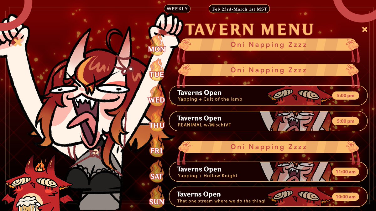 🔥Weekly Schedule 

Lot's of fun streams happening this week! More COTL, Hollow Knight and hopefully finishing REANIMAL with the lovely @/MischiVT can't wait for another week with you all! <3