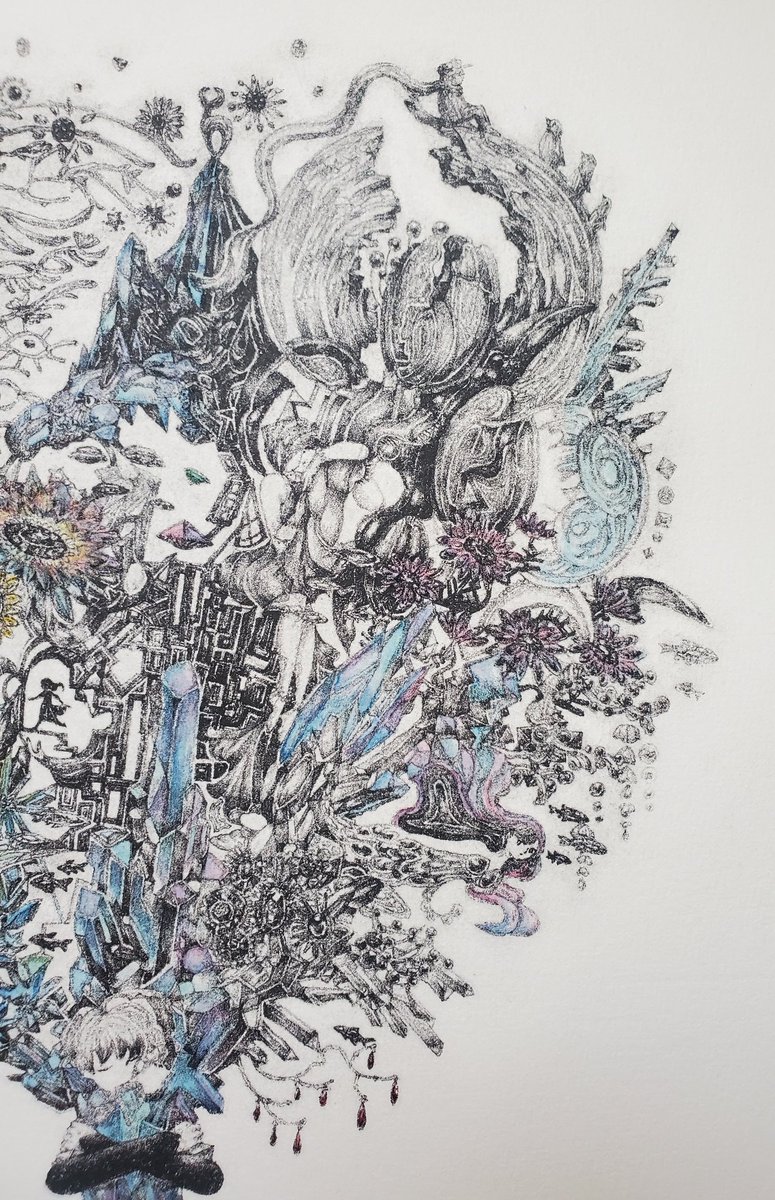 BOW355's tweet photo. 「HUG Ⅱ」

リトグラフ、紙、インク、透明水彩絵具

「HUG Ⅰ」の対の作品として制作したものです。

対の作品なので「HUG Ⅰ」とは違い男の子が鉱石や宝石のような花束を抱えており、男の子の近くには「HUG Ⅰ」の女の子がうっすらいます。 https://t.co/7FAAffRsLo