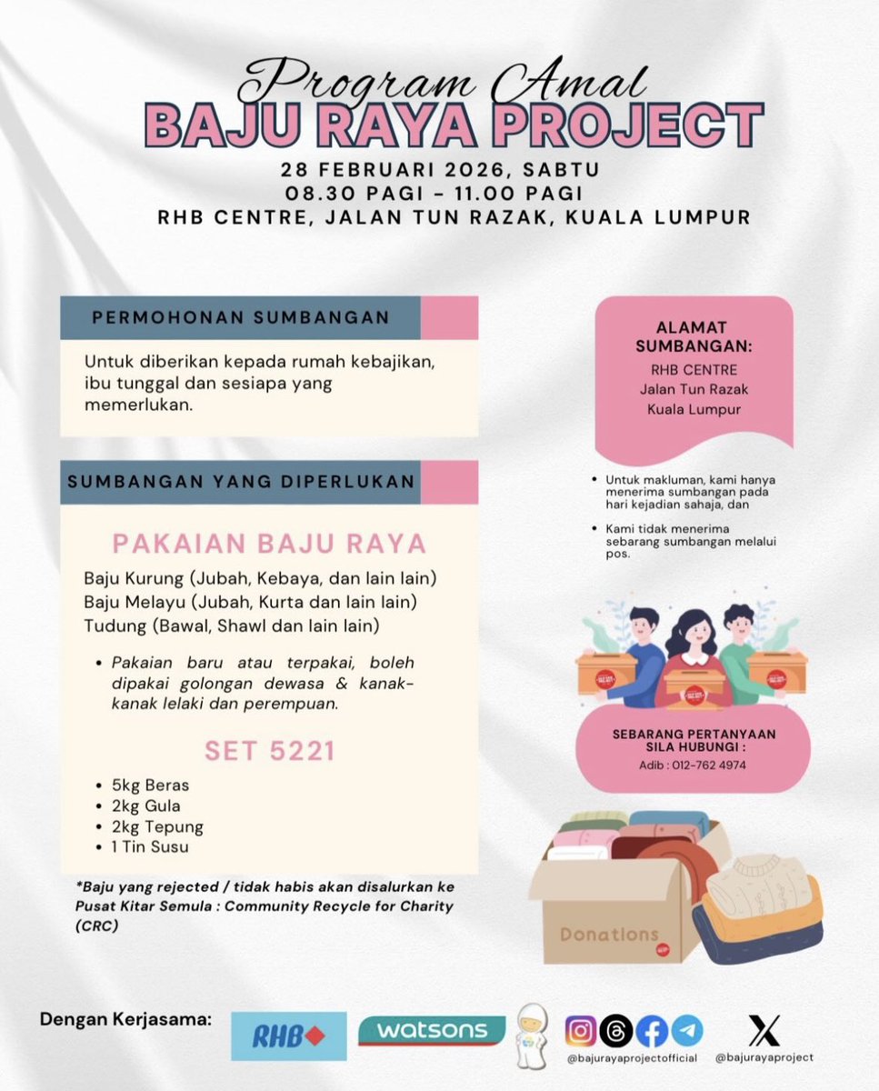 puteriarchy's tweet photo. Sabtu ni dekat RHB Centre, Jalan Tun Razak - @BajuRayaProject returns for its 13th year ✨

Kalau ada baju cantik elok nak let go + pahalamaxxing this Ramadhan, go go donate your clothes! Tapi jangan bagi yang koyak yang reput bra spender semua tak nak ya ☝🏽 https://t.co/ZAhEVZcRy9