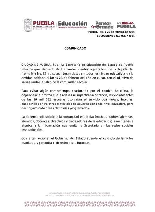 AmozocNoticias's tweet photo. ¡ATENCIÓN AMOZOC Y PUEBLA! Suspenden clases este lunes 23 de febrero por Frente Frío No. 34 El Gobierno del Estado anuncia suspensión total de clases en todos los niveles educativos (preescolar, primaria, secundaria, media superior y superior) este lunes 23 de febrero. https://t.co/1BN21X3ttP