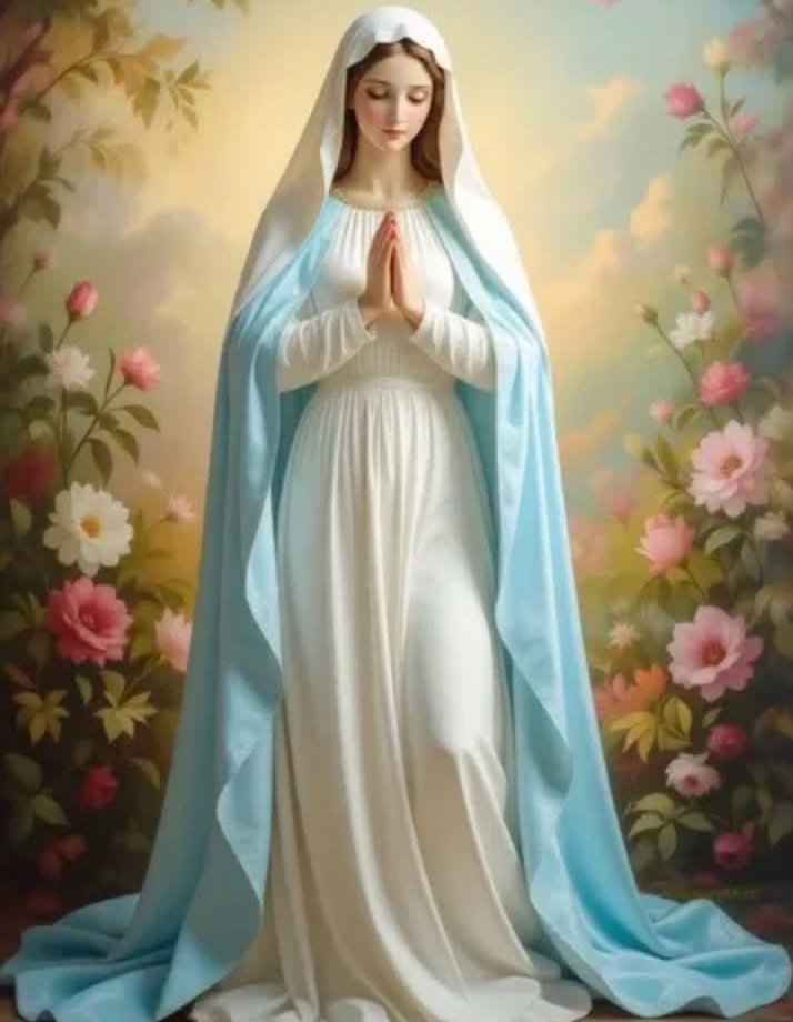 ✝️ Dios te salve, María, 
llena eres de gracia;
el Señor es contigo.
Bendita Tú eres 
entre todas las mujeres,
y bendito es el fruto de tu vientre, Jesús. 

Santa María, Madre de Dios,
ruega por nosotros, pecadores,
ahora y en la hora de nuestra muerte. Amén 🙏