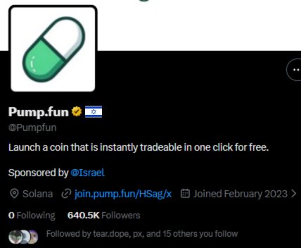 JUST IN:

Pumpfun adds “Sponsored by <a href="/Israel/">Israel ישראל</a>” to bio after Nikita warns accounts about undisclosed ads.