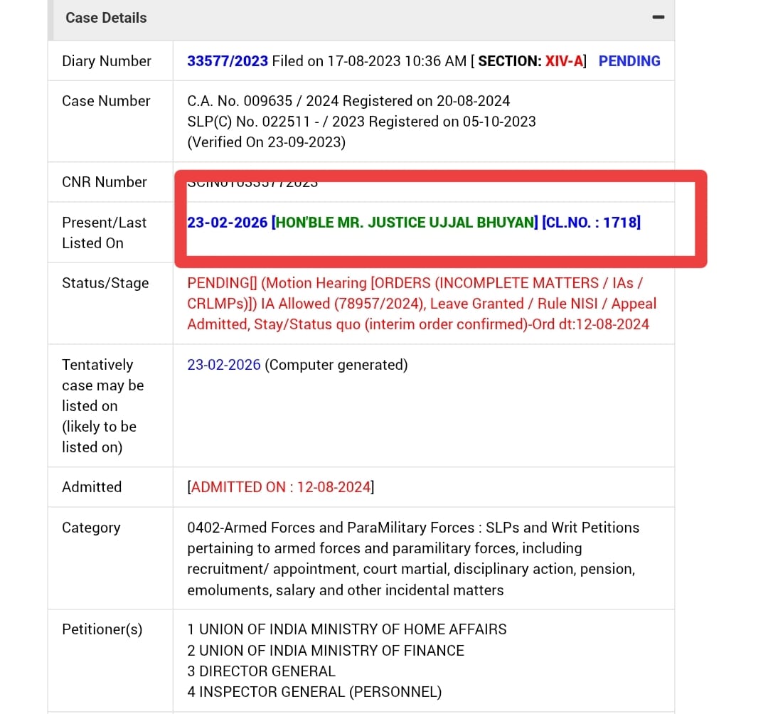 आज केंद्रीय अर्धसैनिक बलों के महत्वपूर्ण केस OPS की सुनवाई है। उम्मीद है की सकारात्मक निर्णय आये जिससे हमारे लाखो केंद्रीय अर्धसैनिक बलों को इसका फायदा मिले।
यह केस फिलहाल रजिस्ट्रार कोर्ट से एक कदम आगे बढ़ के माननीय जज के चैम्बर मे गया, जहाँ से आगे के लिये दिशा निर्देश जारी किया