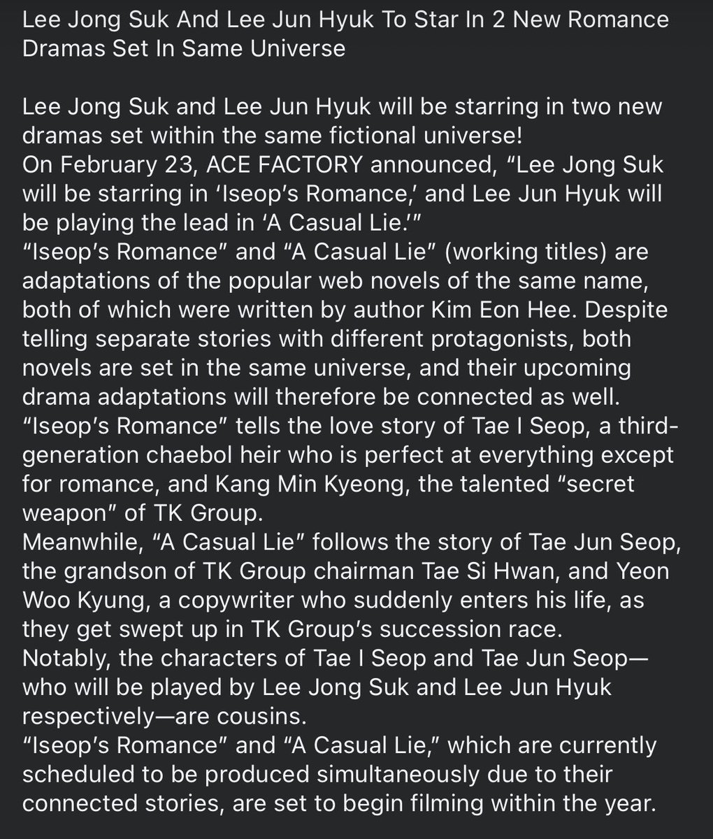 Lee Jong Suk And Lee Jun Hyuk To Star In 2 New Romance Dramas Set In Same Universe ❤️