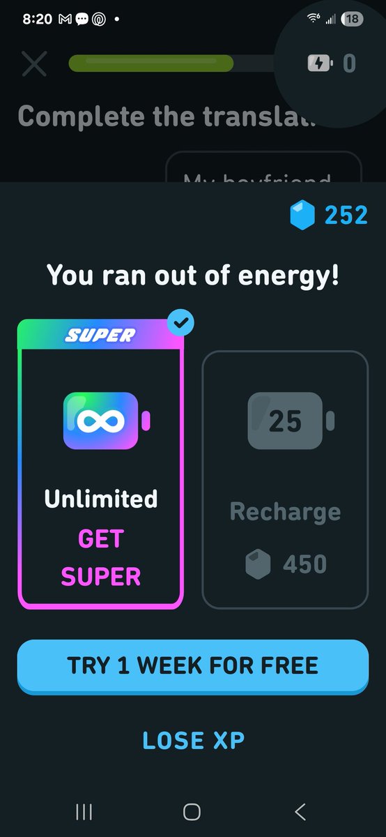 LILI_82's tweet photo. @duolingo I don't like the new update . In the middle of completing a session, it cuts you off. As the session is almost complete, it only gives u an option to pay for unlimited or watch an AD for more energy ,  U gotta watch like 3 +ADS, very annoying. Please revise it! https://t.co/Rrnlyj1fAV