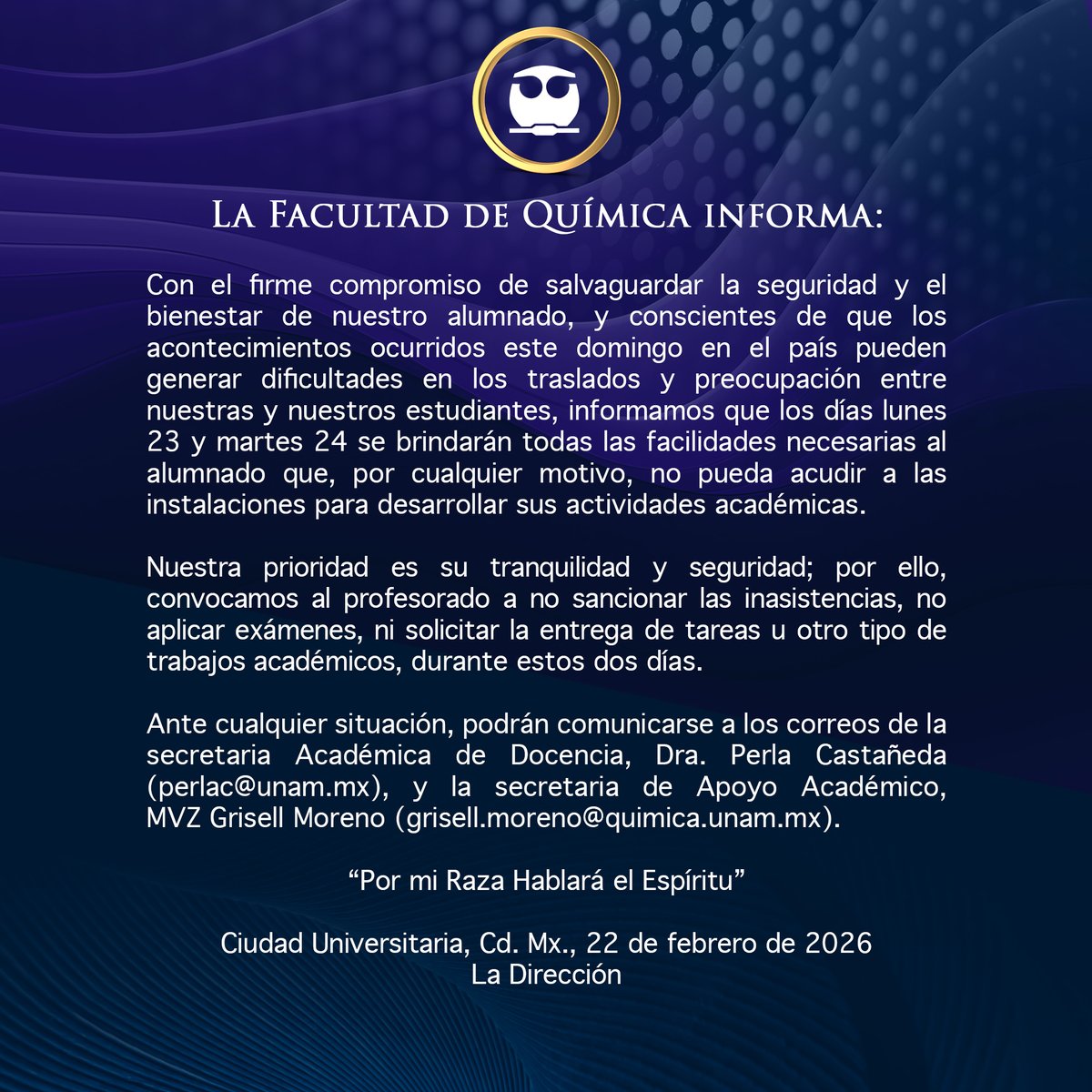 🚨 #AlMomento | La <a href="/UNAM_MX/">UNAM</a> informa medidas académicas ante la situación de seguridad.

📌 Facultades que se pronuncian:
* Facultad de Química
* Facultad de Derecho
* Facultad de Medicina
* FES Aragón
* Facultad de Medicina Veterinaria y Zootecnia
* Facultad de Contaduría y
