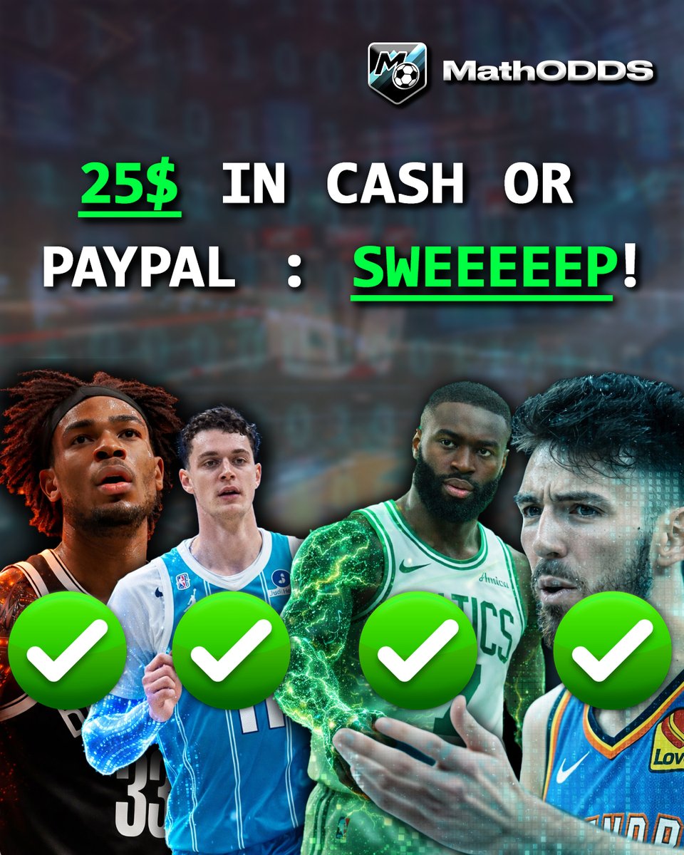 NBA SWEEEEP ✅✅✅✅

25$ to someone who likes, RTs (double chance) and follows us, <a href="/picksbyangel/">Angel</a> and <a href="/KashyLocks/">Ka$hy💰</a> 🤞

- Nic Claxton (BKN) - Over 17.5 PRs ✅
- J. Brown (BOS) - Over 27.5 PTS ✅
- R. Kalkbrenner (CHA) - Over 7.5 REBS ✅
- C. Holmgren (OKC) - Under 18.5 PTS ✅