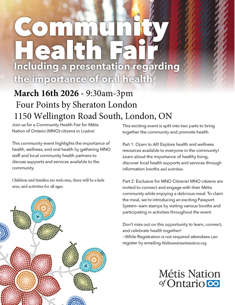 TBMetisCouncil's tweet image. Community Health Fair for all @MetisNationON London area citizens Mon Mar 16 from 9:30am to 3:00pm at Four Points by Sheraton London 1150 Wellington Rd S  See attached poster for more details #Health #Dental #Métis