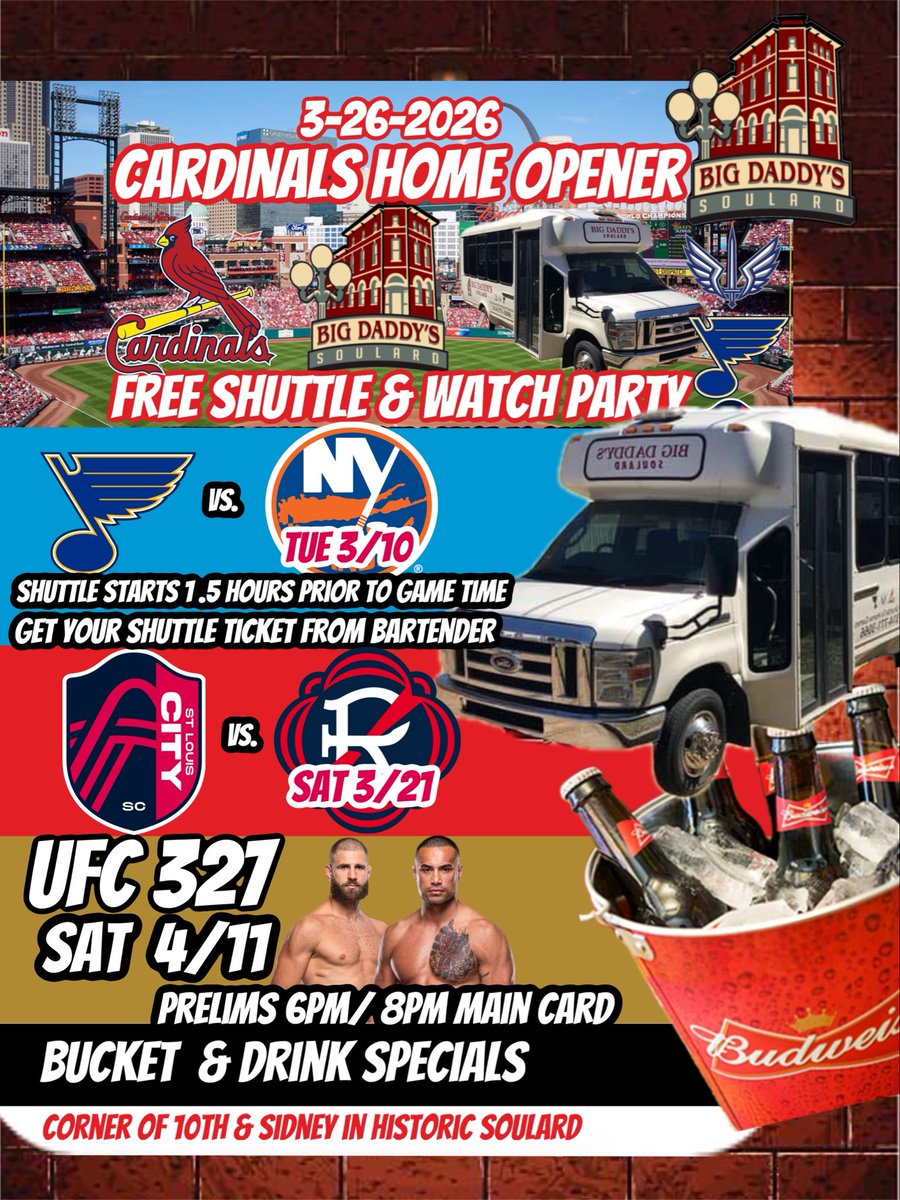 🎤 #1 Monday Night Karaoke starts @ 9pm
🍀 St Paddy’s @ Big Daddy’s! Check out our Parade Shuttle and All Inclusive Packages.. 🍀 
🚨 Open for Lunch, Happy Hour, Dinner, &amp; Late Night Fun! 
🏒 🚌 Blues Free Home Game Shuttle!
🎤 DJ Every Friday &amp; Saturday 10pm- Never a Cover,