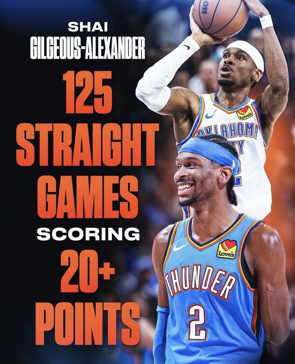LioButon's tweet photo. Cette nuit, SGA peut égaler le record de Wilt Chamberlain en inscrivant 20 points dans son 126e match consécutif. 
👉Pour le voir, 
RDV à 0h30 sur @beinsports_FR 1
NUGGETS - THUNDER
On vous retrouve w/@ERICMICOUD 🦉🦉
#NBAextra https://t.co/SEXsftaZcD