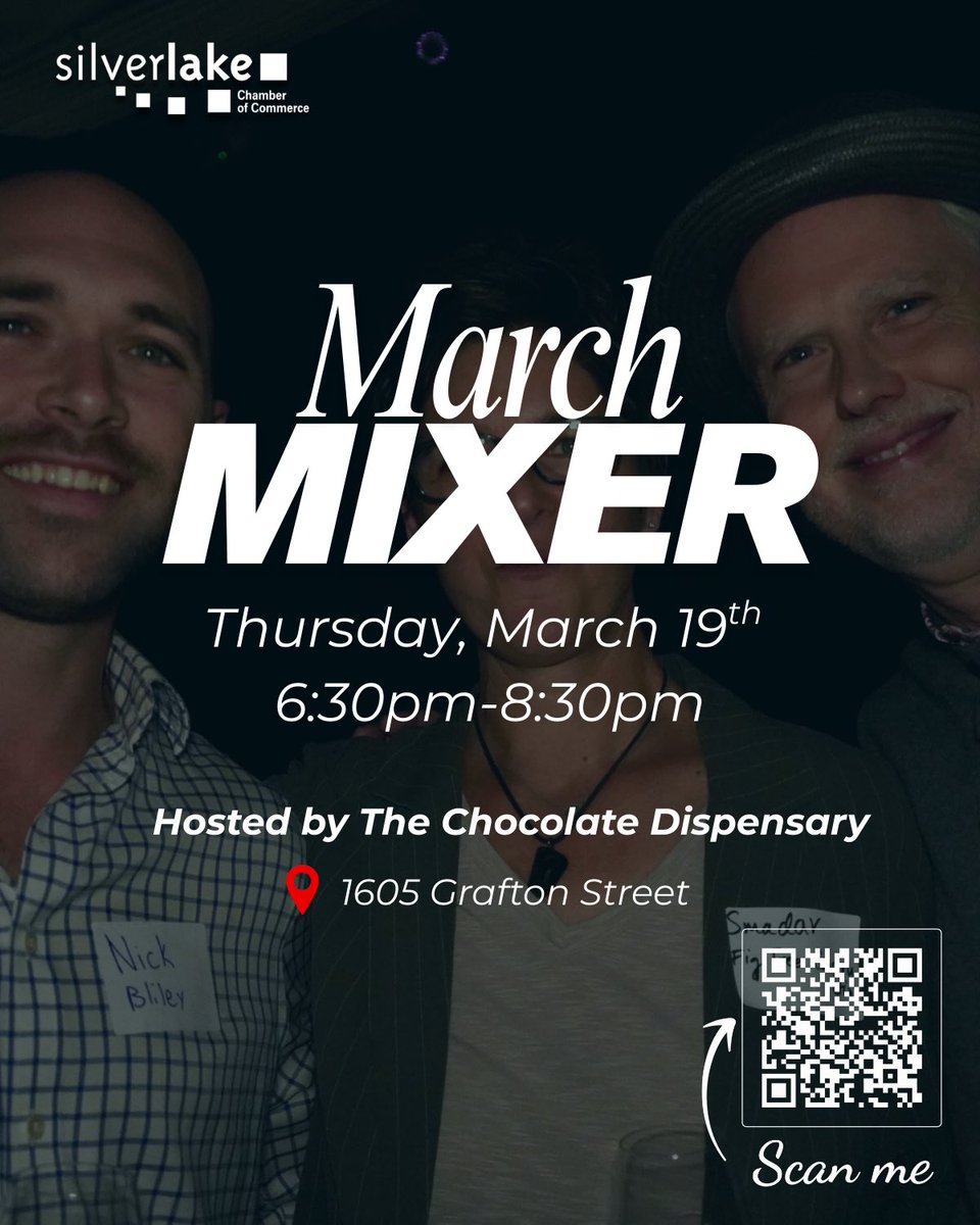 SilverLakeCC's tweet photo. ✨ NEXT THURSDAY ✨ 

Join us for our March Mixer on Thursday, March 19th from 6:30pm–8:30pm at one of Silver Lake’s sweetest neighborhood spots @chocolatedispensary! 

More info: https://t.co/GauM1umVss https://t.co/NU9akKlh3r