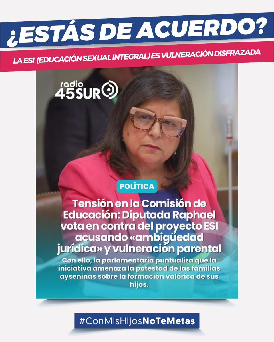 conmishijosnocl's tweet image. Agradecemos a la Dip.  @MarciaRaphael por haber votado en contra de la #ESI un proyecto busca dar protección del abuso sexual infantil,pero que vulnera la inocencia de los niños y el derecho preferente de los padres a educar,dejándolos más expuestos aún.
#ConMisHijosNoTeMetas 🇨🇱