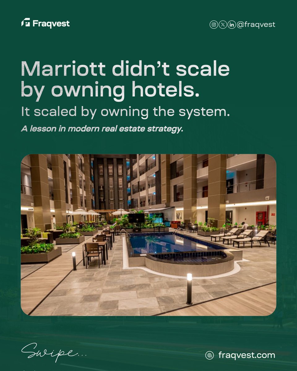 fraqvest's tweet photo. Marriott scaled globally without owning most of its hotels.

It owned the system, not the bricks.

In modern real estate, structure often creates more leverage than ownership.

Check thread for full insight...
#RealEstate #Investing #BusinessStrategy #Hospitality https://t.co/V5RyxZNnOB