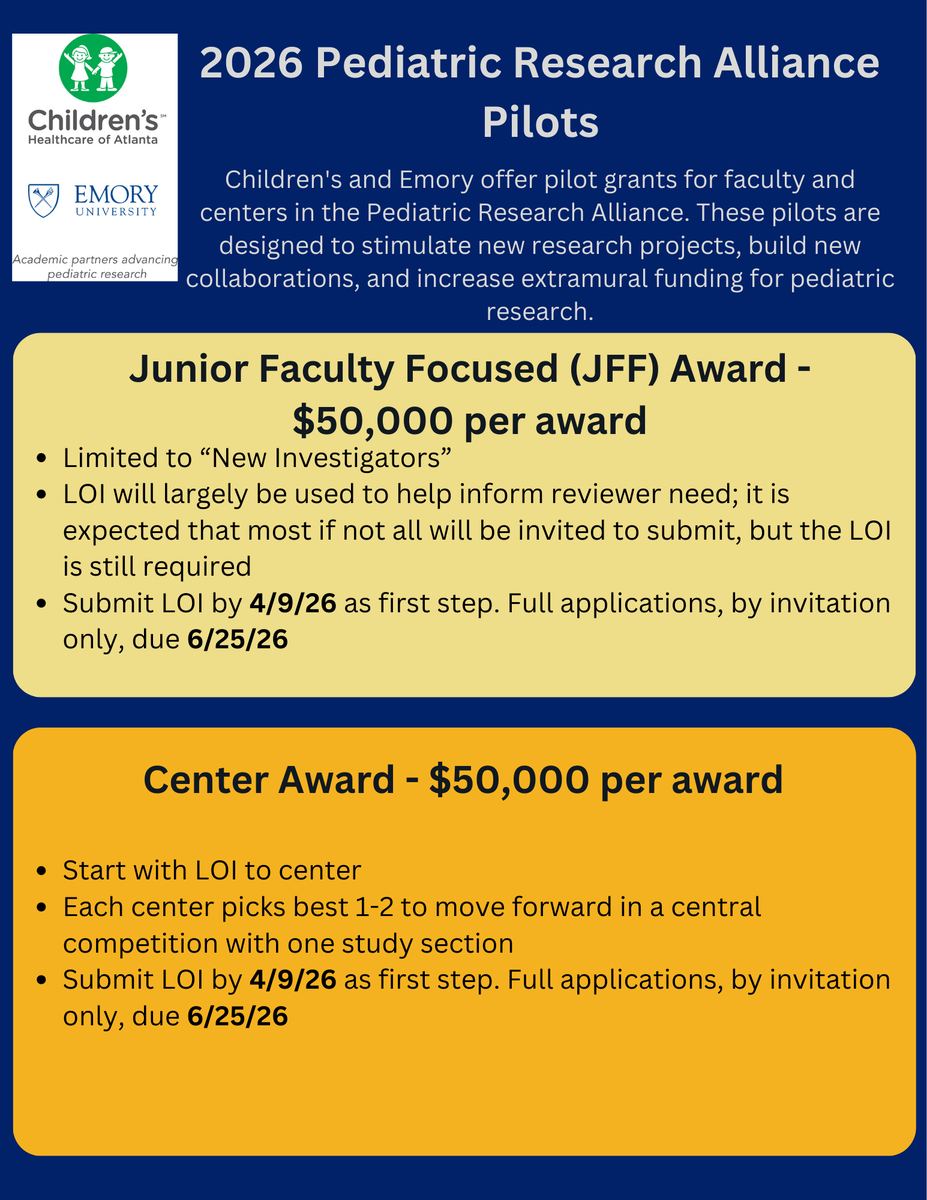 AtlPedsResearch's tweet photo. 1 month left to submit LOI's for the 2026 Pediatric Research pilots! Projects must have at least 1 investigator from @EmoryPediatrics or @childrensatl.
ποΈ Deadline: 4/9/26
β
RFA and link to submit: https://t.co/KxC9fRgzs9
#pilotgrants #pediatricresearch https://t.co/BSkTr8l7jW