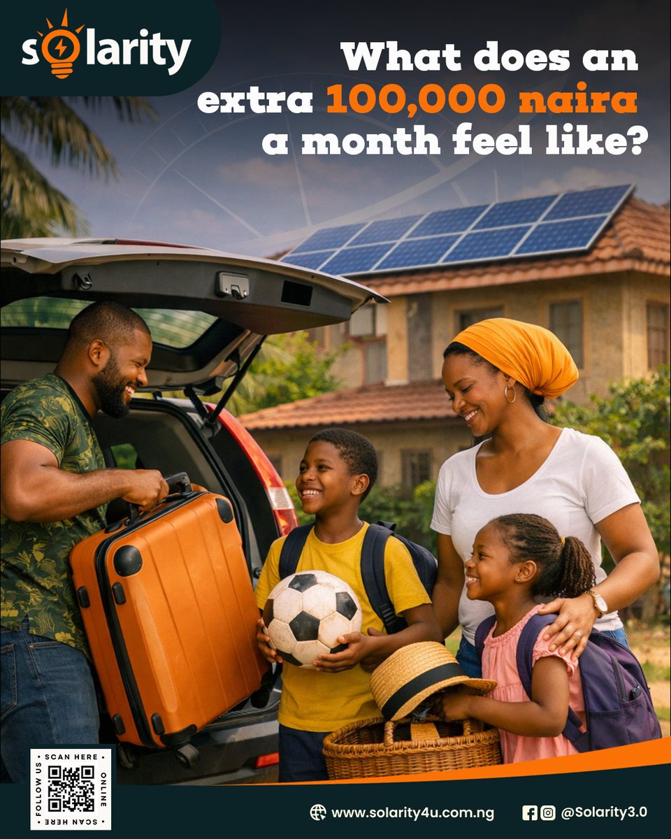 solarity4u's tweet image. What does an extra ₦100,000 monthly feel like? 
It’s school fees paid without stress and finally fixing that car you’ve been "managing."
At Solarity, we don’t just sell equipment; we reclaim your budget. Stop paying for darkness. Reclaim your peace. ☀️🇳🇬
#Solarity #SolarNigeria
