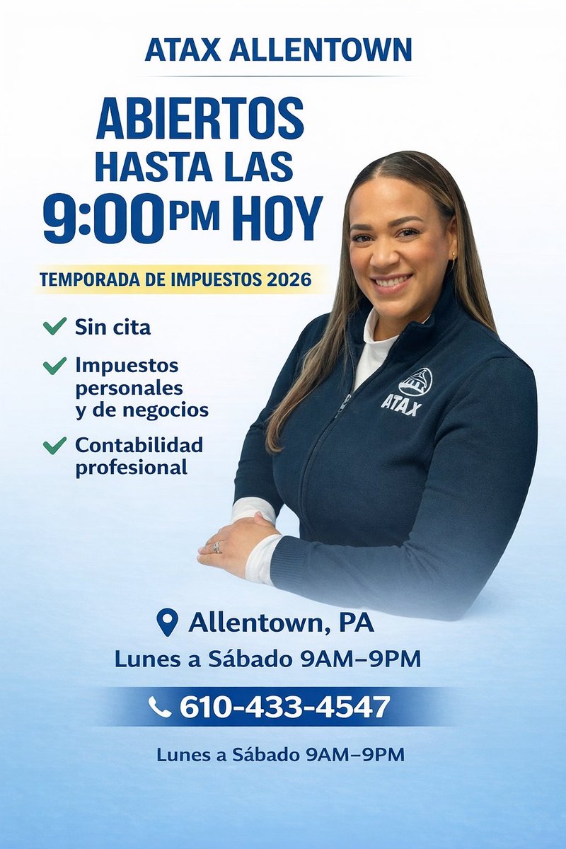 ATAXAllentown's tweet image. We're open today! Visit us Saturday from 9am-9pm for your personal &amp;amp; corporate tax needs. 💼📊 Let’s get your taxes done! #TaxTime #ATAX