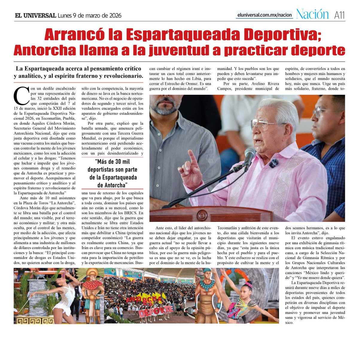 ARRANCÓ ESPARTAQUEADA DEPORTIVA; ANTORCHA LLAMA A LA JUVENTUD A PRACTICAR DEPORTE. Más de 30 mil deportistas son parte de la Espartaqueada de Antorcha. La #Espartaqueada acerca al pensamiento crítico y analítico, y al espíritu fraterno y revolucionario. Información publicada hoy