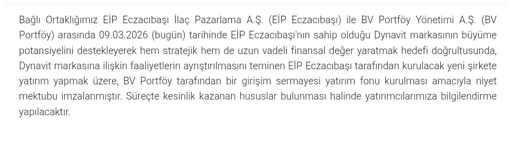 PiyasaTurkiye's tweet image. #ECİLC EİP Eczacıbaşı ve BV Portföy, Dynavit markasının büyümesini desteklemek amacıyla, EİP Eczacıbaşı’nın yeni kuracağı şirkete yatırım yapmak için niyet mektubu imzaladı.