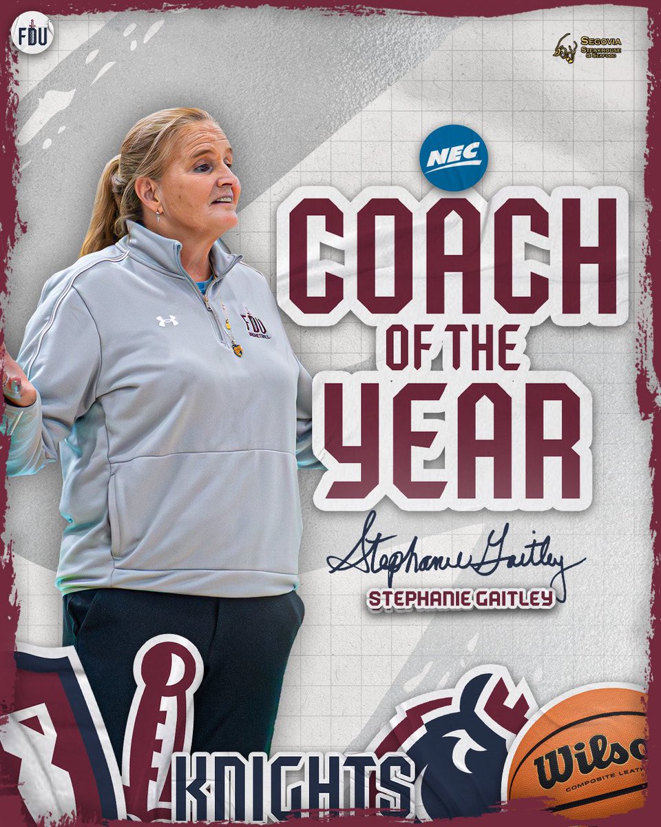 FDUKnightsWBB's tweet image. THE GREATEST. PERIOD. ⭐️

Stephanie Gaitley has been named the Brenda Reilly NEC Coach of the Year for the second year in a row, and the third time in her career!!

#uKNIGHTED | #NECWBB