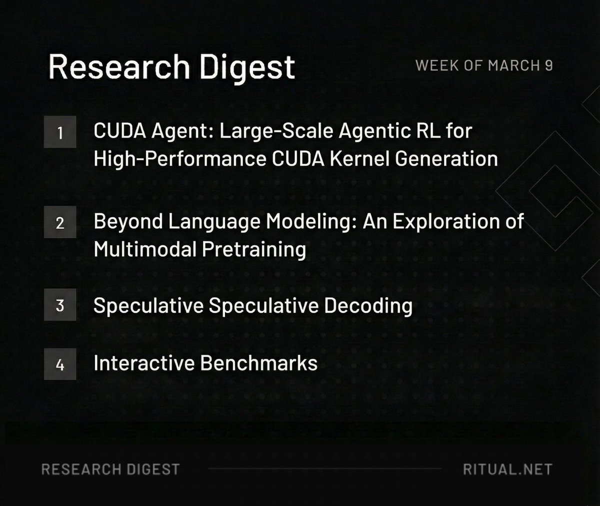ritualdigest's tweet photo. Here’s this week’s Ritual Research Digest, a newsletter covering the latest in the world of LLMs and the intersection of Crypto x AI.

With hundreds of papers published weekly, staying current with the latest is impossible. We do the reading so you don’t have to. https://t.co/paXr2QY0P6