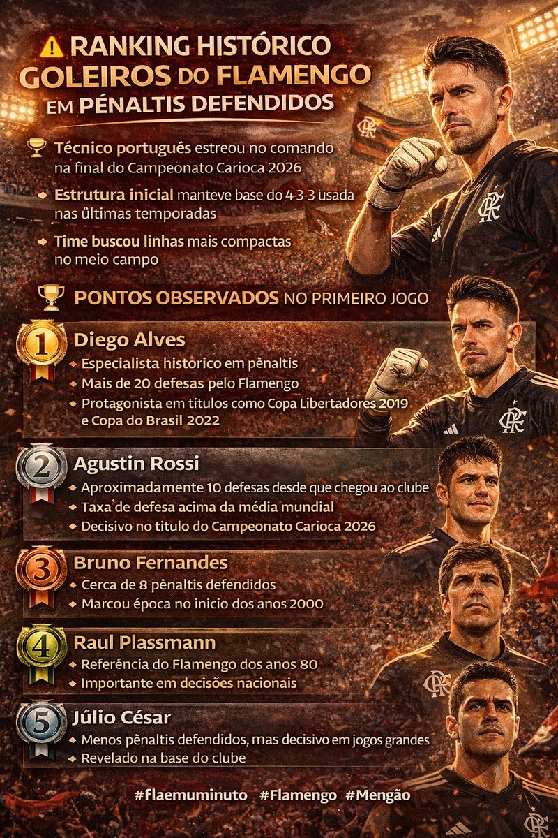 📊 Ranking histórico – goleiros do Flamengo em pênaltis defendidos

(considerando disputas e cobranças durante jogos oficiais)

🥇 Diego Alves
• Especialista histórico em pênaltis
• Mais de 20 defesas pelo Flamengo
• Protagonista em títulos como Copa Libertadores 2019 e Copa