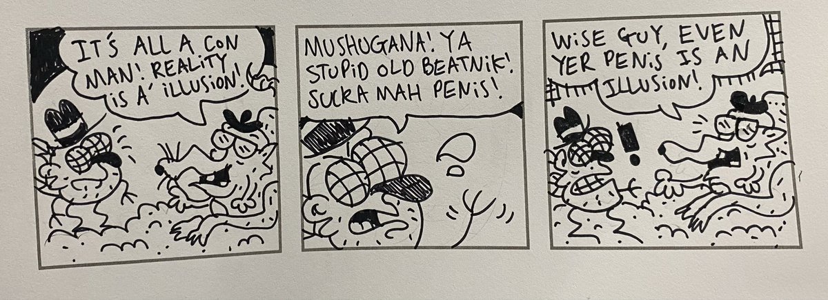 ZENO0Z's tweet photo. WISE GUY FLY #2

Big fat rat gets metaphysical in this one- who would’ve thought a trash can would become platos academy, a place of profoundity? Wise guy fly ain’t having none of it, he’s a pragmatist but he doesn’t know it (he didn’t get an education growing up)- Mushugana! https://t.co/hDiQ5u3dc0