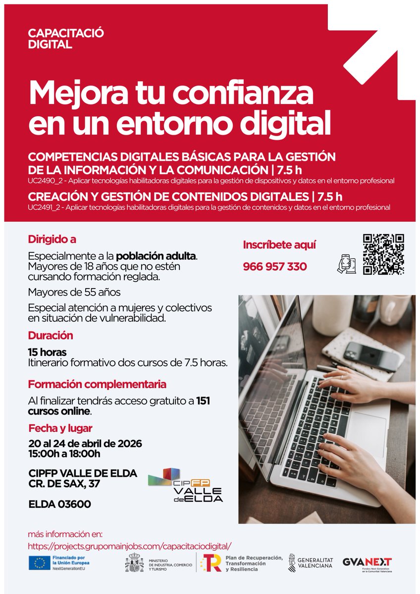 cipfpvalledelda's tweet image. 📢 Formación gratuita del 20 al 24 de abril en el CIPFP Valle de Elda:
💻 Competencias digitales básicas + creación de contenidos.
⏰ 15:00–18:00
🎯 Dirigido a personas adultas (especialmente +55).
📞 Inscripciones: 966 957 330
#CapacitaciónDigital #Formación #Elda
