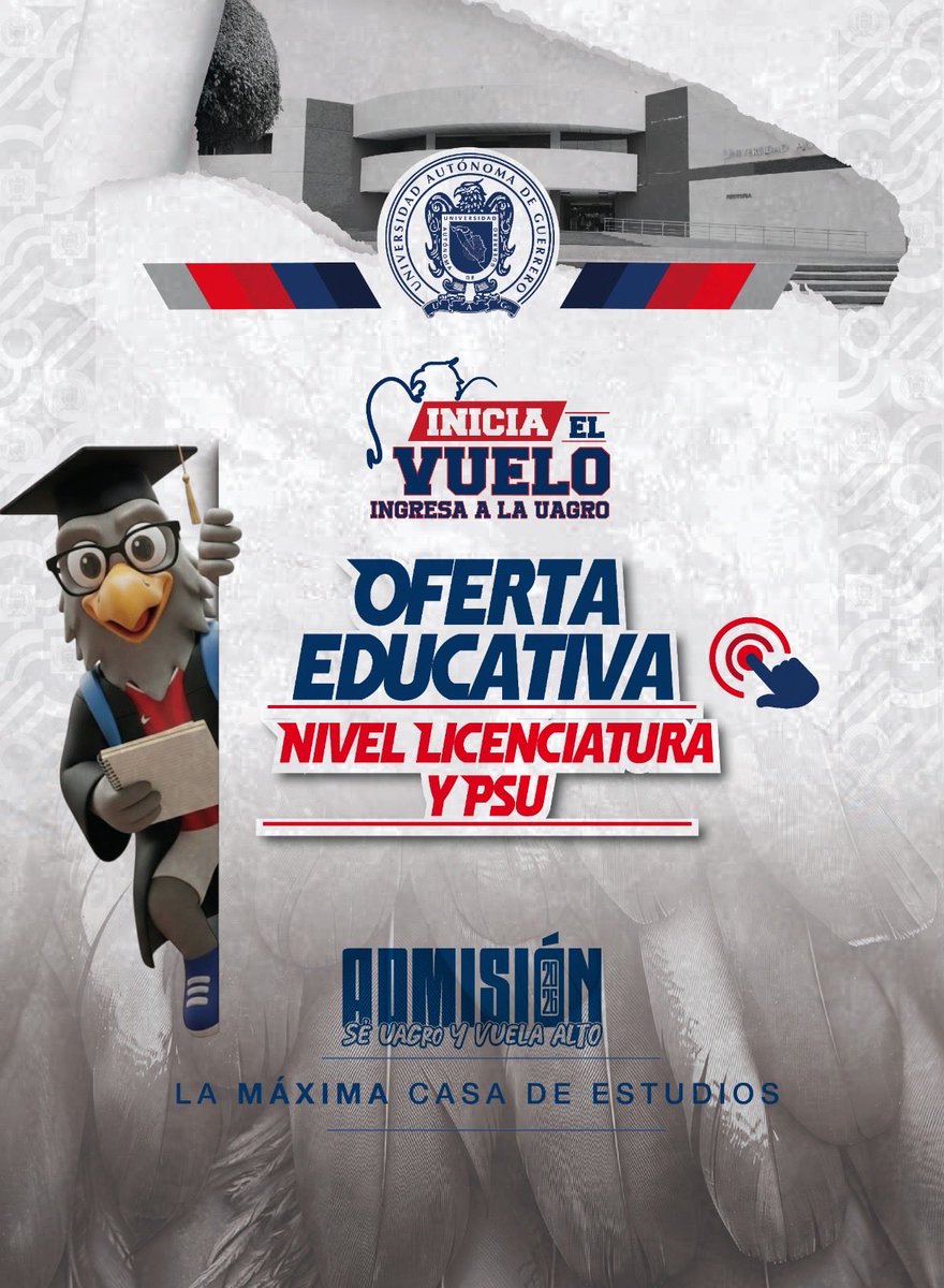 UAGro_MX's tweet photo. ¡Ya está disponible la Convocatoria de Admisión UAGro 2026 para Licenciatura y PSU!

🚀 Inicia tu camino en la Máxima Casa de Estudios de Guerrero.

📄 Consulta requisitos y fechas:
https://t.co/lI6pyDseP4

💙❤️ Sé UAGro y vuela alto. https://t.co/7f4q6r7oFJ