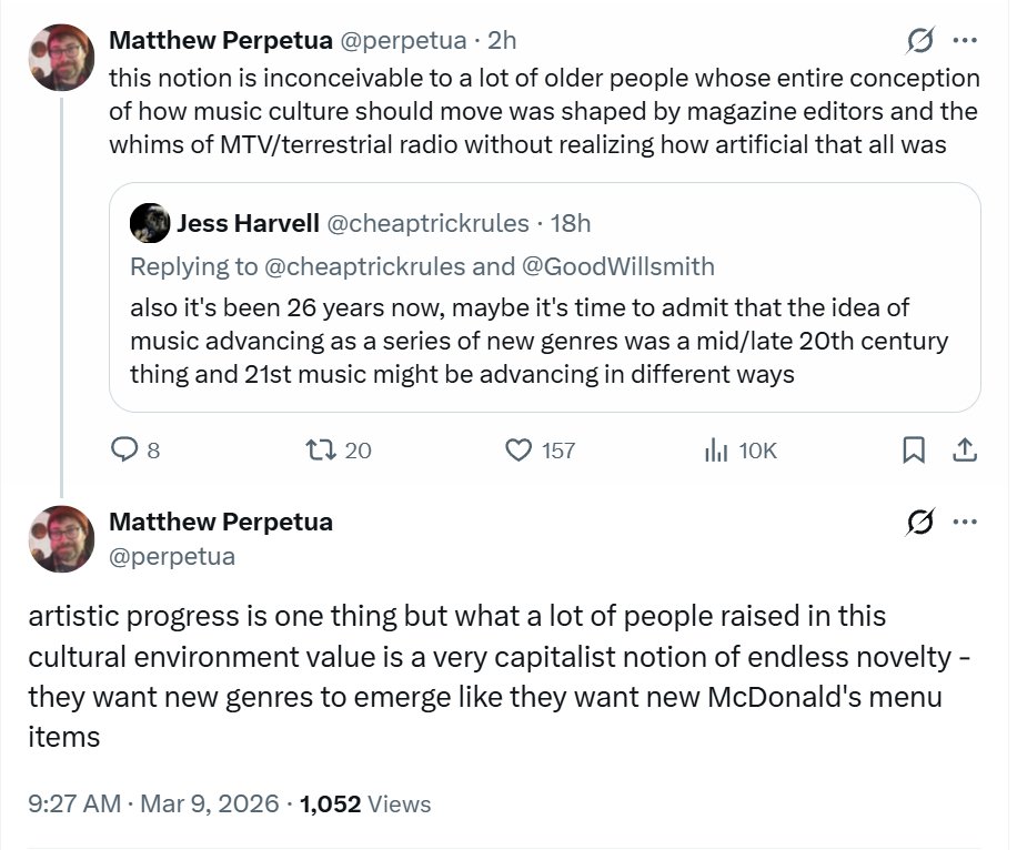 Sure but let's not pretend that a culture dominated by gigantic mega corps who siphon off all profit and leave artists chasing SEO and algorithms for the chance to get a fraction of a penny a stream is somehow less capitalistic or artificial.