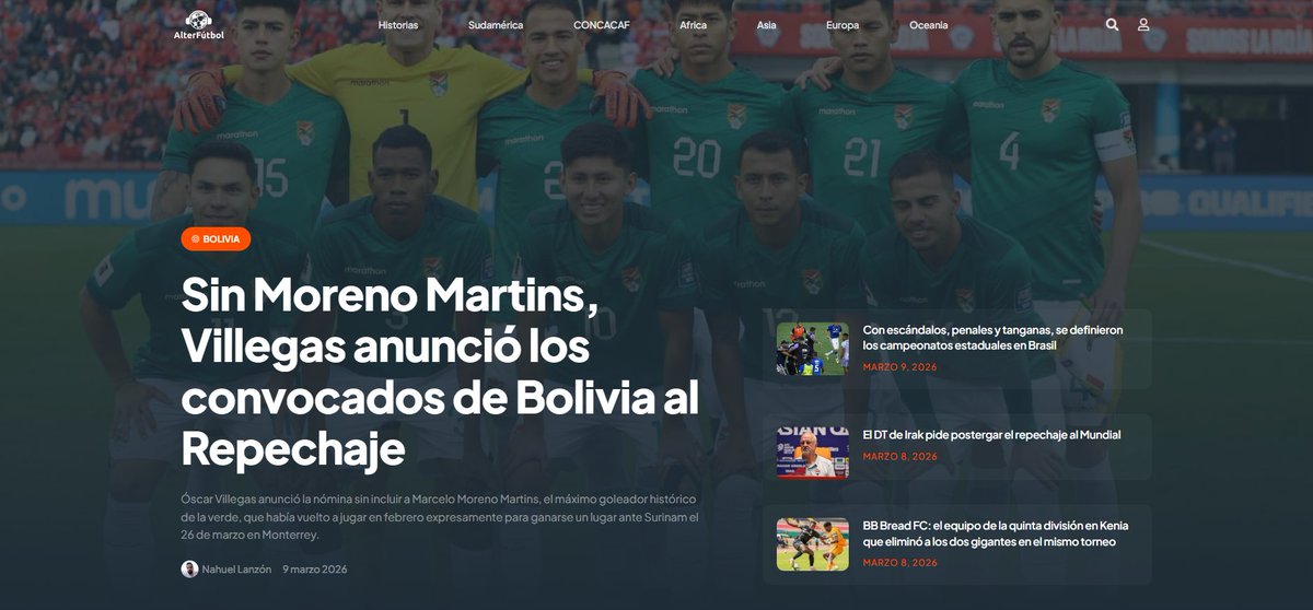 Y un día tocaba salir. Les presento alterfutbol.com, un portal de noticias de fútbol internacional en serio.

Acá todo vale lo mismo: Oceanía, África, Asia, Sudamérica, CONCACAF, Europa.

Si hay una historia o noticia importante para contar en el fútbol de alguna región o