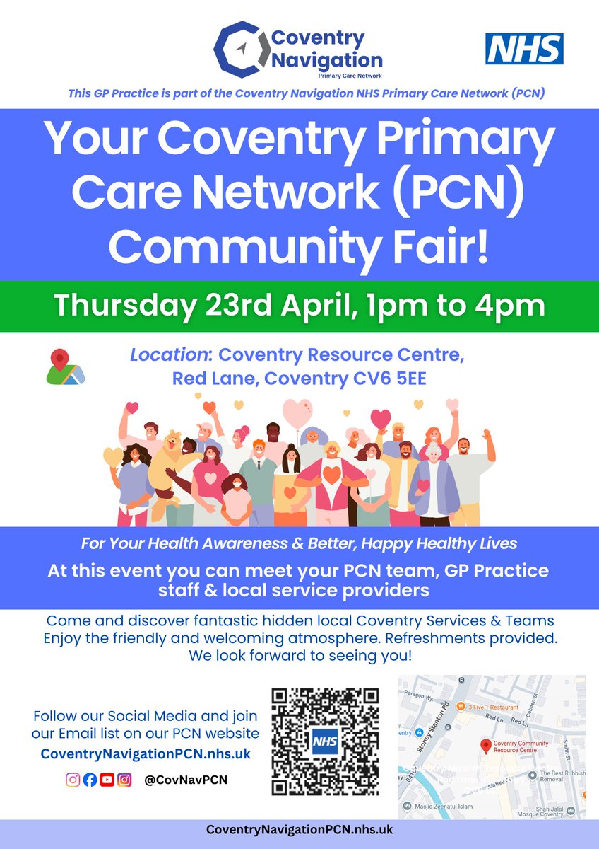 CovNavPCN's tweet photo. Join us for the NHS PCN Community Fair!
Discover interactive talks, meet our great PCN &amp; GP teams, and explore local services that boost community wellbeing.
 🗓️Thurs 23rd April, 1 till 4pm
 📍Coventry Resource Centre, Red Lane, CV6 5EE
#Coventry #NHS #PCN #Community #Wellbeing https://t.co/tsrJpm4Yiw